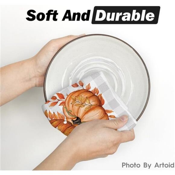 Orange Buffalo Plaid Leaves Pumpkin Fall Kitchen Towels Dish Towels 18x26 Inch - Picture 6 of 7